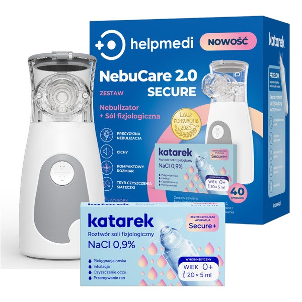 HelpMedi NebuCare 2.0 Secure, zestaw do nebulizacji, nebulizator, 1 szt. + sól fizjologiczna, 40 szt.