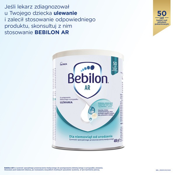 Bebilon AR, do postępowania dietetycznego w przypadku ulewań dla niemowląt od urodzenia, proszek, 400 g