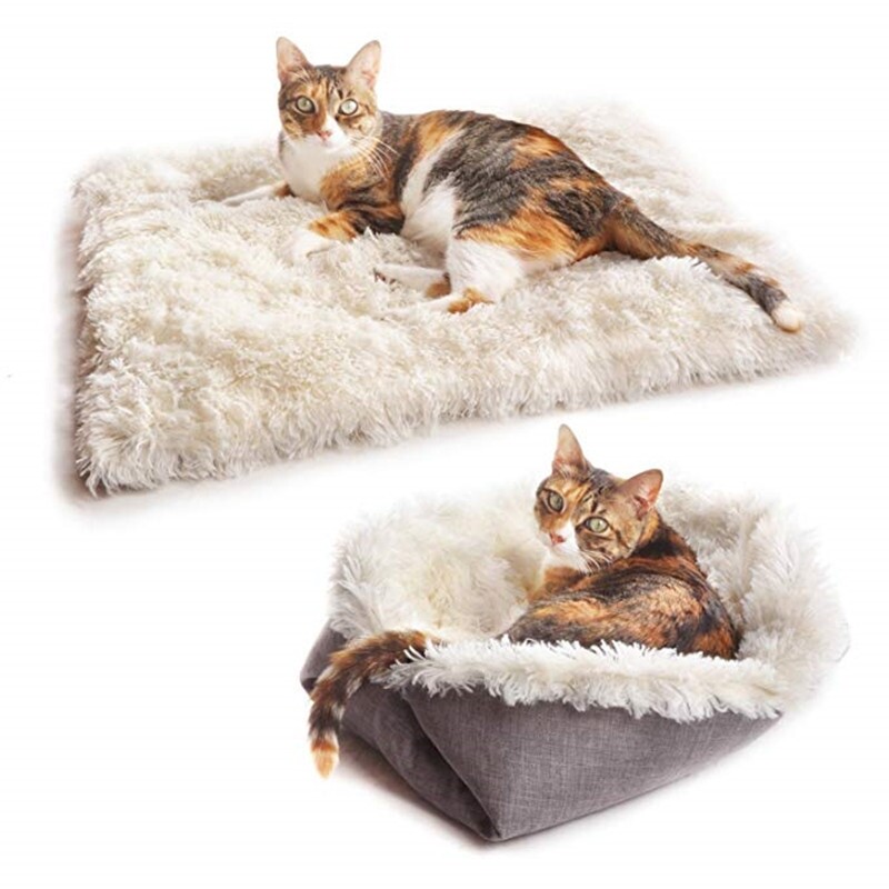 Cat Bed Two Use Sleeping Mat  Dog Cat Kennel Long Plush Blanket Cat Mattress Pet Litter Winter Litter Mat for Pet Sleeping Bag
