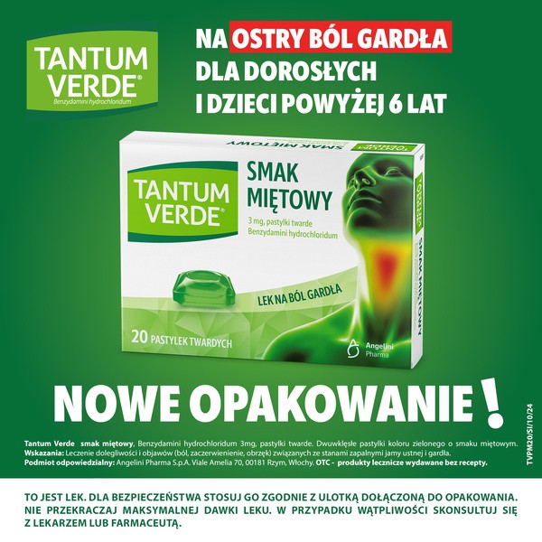 Tantum Verde smak miętowy, 3 mg, pastylki twarde, 20 szt.