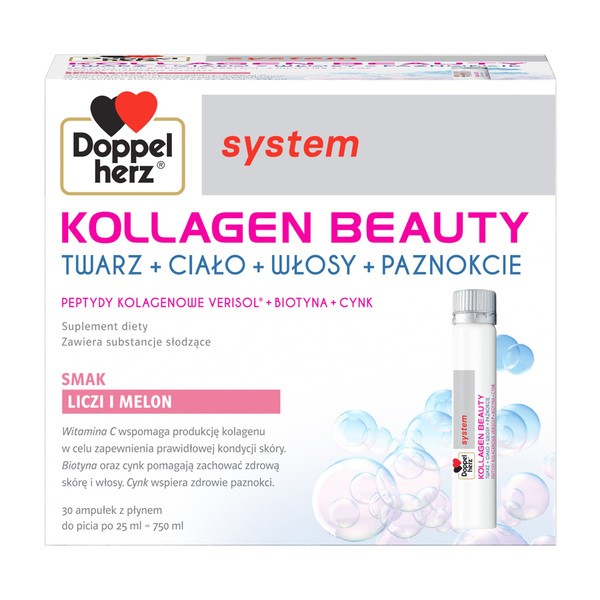 Doppelherz system Kollagen Beauty, ampułki z płynem, smak liczi i melon, 25 ml x 30 szt.