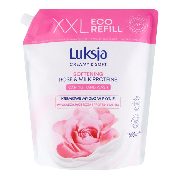 Luksja Creamy & Soft, wygładzające mydło w płynie, Róża i Proteiny Mleka, refill, 1,5 l