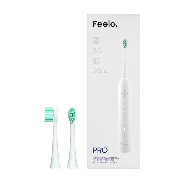 Zestaw Feelo Pro, szczoteczka soniczna white z etui, 1 szt. + końcówki Soft do szczoteczki sonicznej, 2 szt.