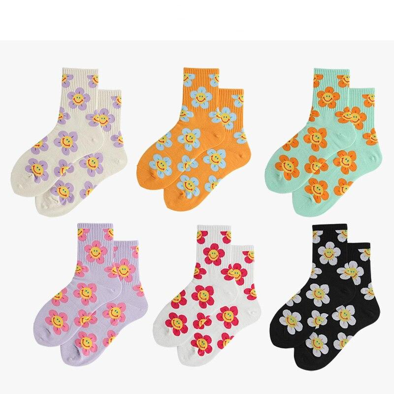 Cute Smiley Face Socks Women Spring and Summer Simple Taiyanghua Tube Socks College Style Candy Colored Cotton Socks Fashion