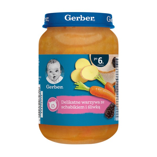 Gerber, delikatne warzywa ze schabikiem i śliwką, 6 m+, 190 g