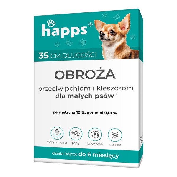 Happs, obroża przeciw pchłom i kleszczom dla małych psów, 35 cm, 1 szt.
