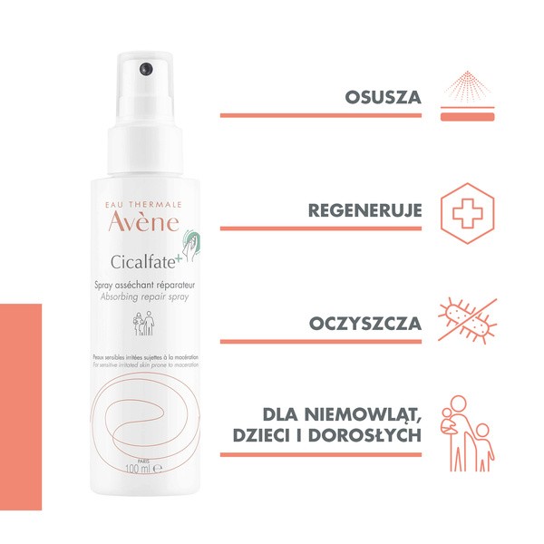 Avene Eau Thermale Cicalfate+, osuszający spray regenerujący, 100 ml