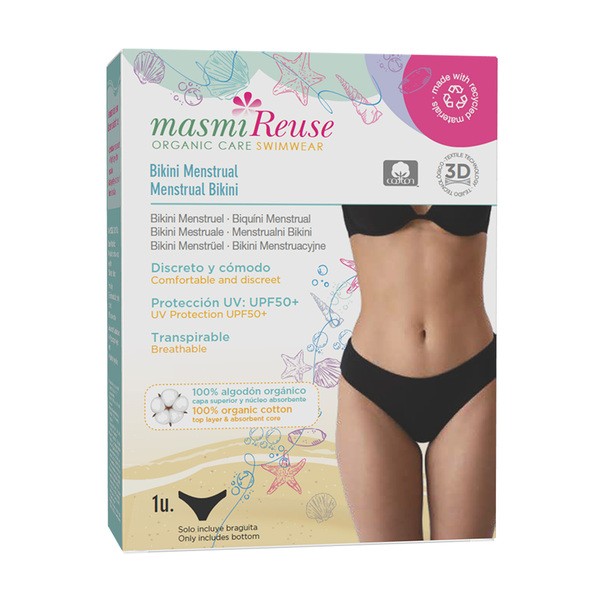 Masmi Reuse Menstruacyjne bikini kąpielowe UPF 50+, czarny, rozmiar S, 1 szt.