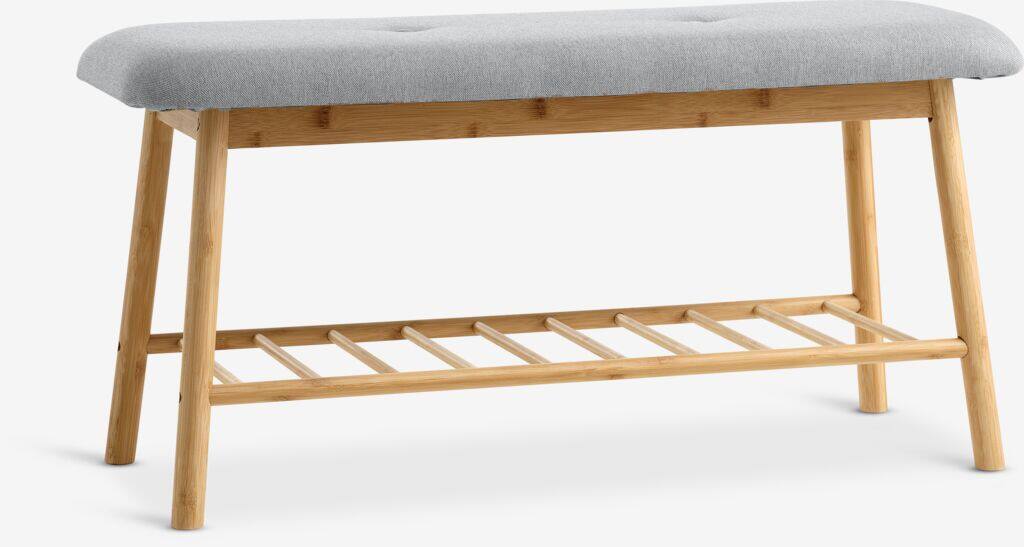 VANDSTED Bænk med hylde, gråt stof/bambus