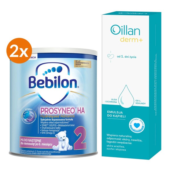 Zestaw, Bebilon Prosyneo HA 2, mleko następne dla niemowląt po 6. miesiącu, 2 x 400 g + Oillan Derm+, emulsja do kąpieli, 200 ml