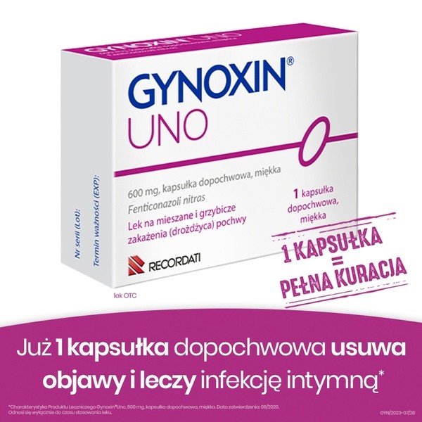 Gynoxin Uno, 600 mg, kapsułki dopochwowe, miękkie, 1 szt.