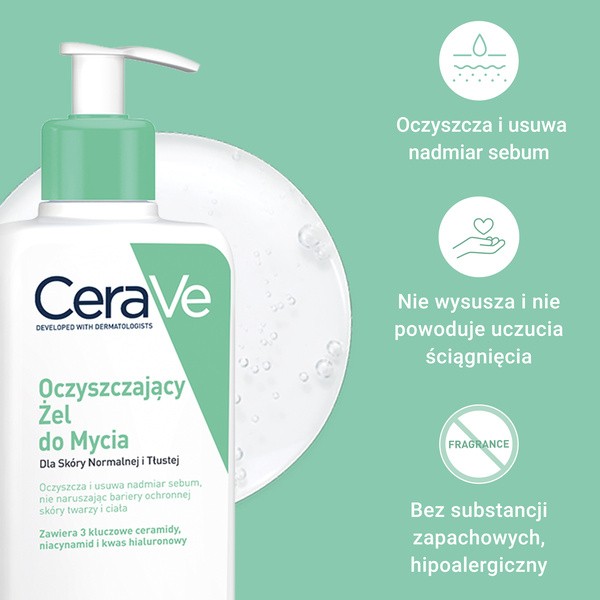 CeraVe, oczyszczający żel do mycia z ceramidami dla skóry normalnej i tłustej, 236 ml