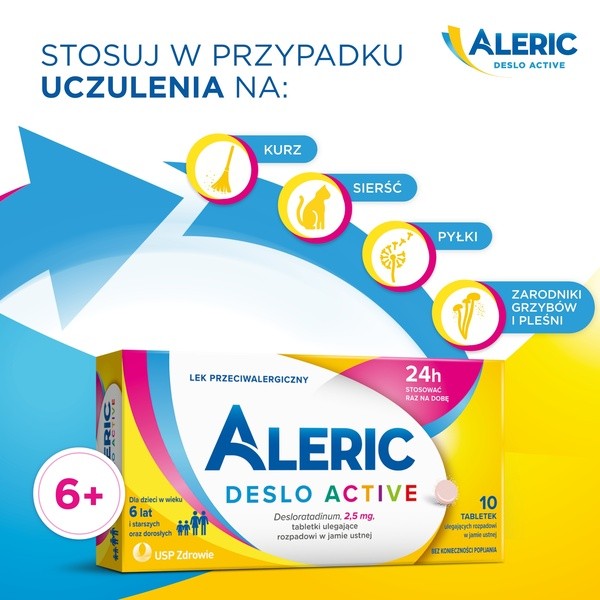 Aleric Deslo Active 2,5mg, 10 tabletek, na alergię i katar sienny dla dzieci
