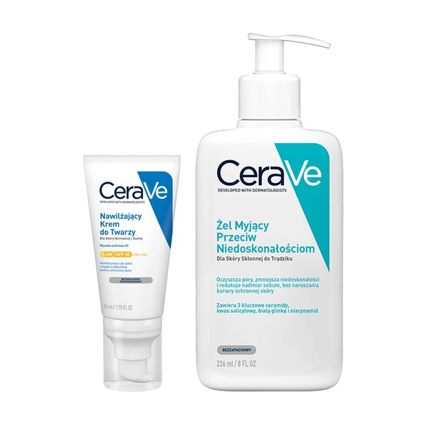 Zestaw CeraVe, żel myjący przeciw niedoskonałościom, 236 ml + nawilżający krem do twarzy SPF 50, 52 ml