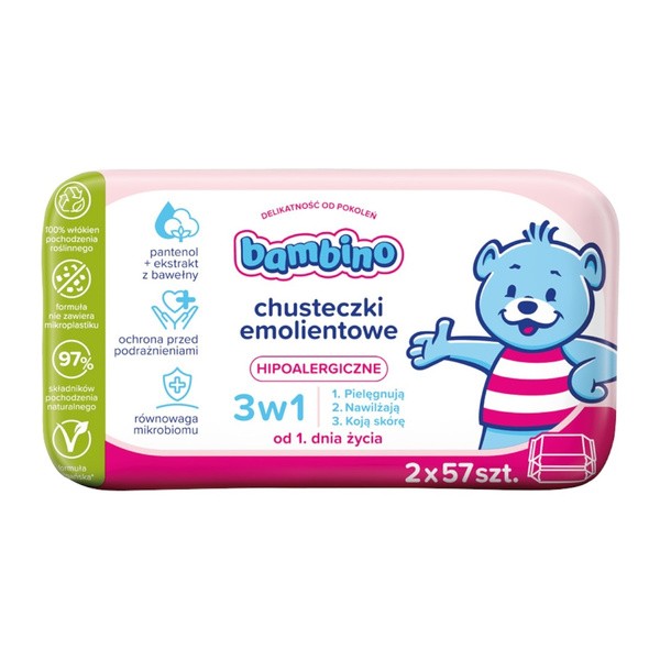 Bambino, chusteczki emolientowe 3w1 hipoalergiczne, 2 x 57 szt.