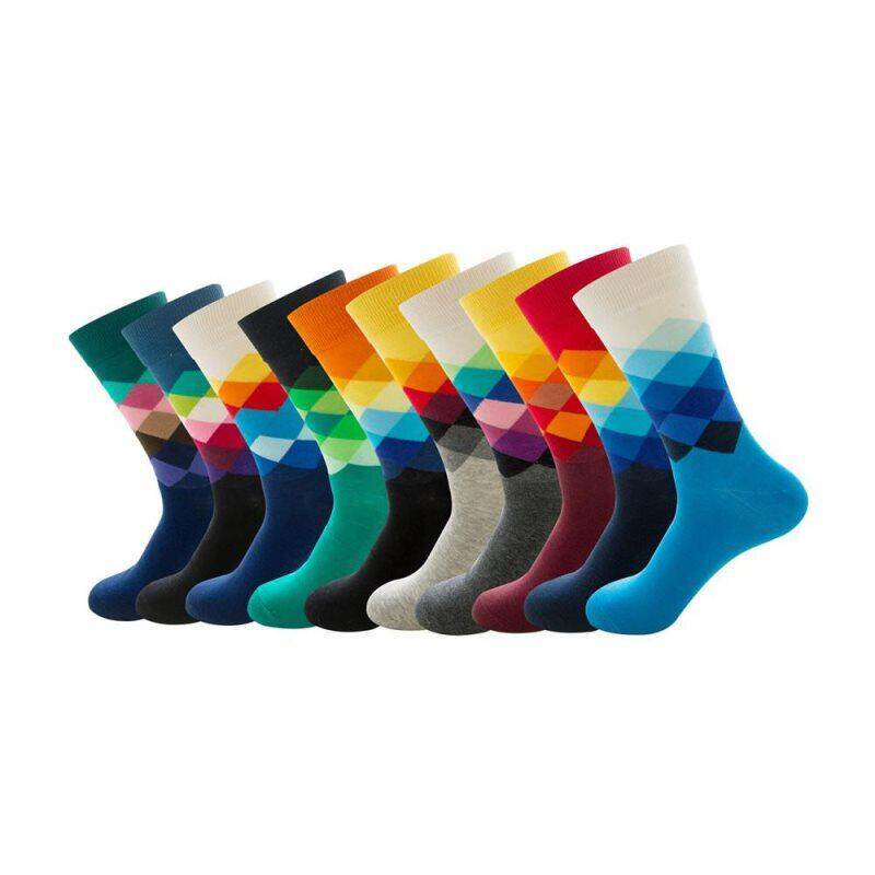 Men Funny Happy  Fine Paragraph Diamond Pattern Argyle Geometric Funny Combed Cotton long Business Socks man sox