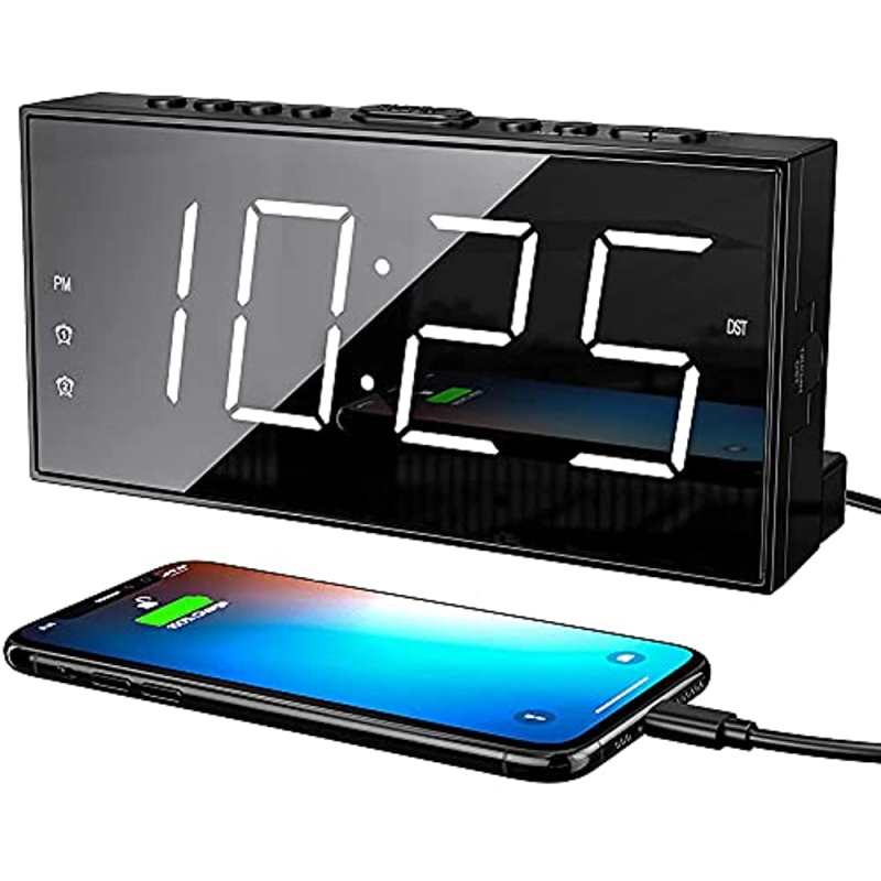 Wekkers voor de slaapkamer, luide dubbele wekker voor diepe slapers met USB-oplader, snooze-functie, batterijback-up, groot 7-inch LED-display, eenvoudige nachtwekker met dimmer, volume 12/24 uur zomertijd