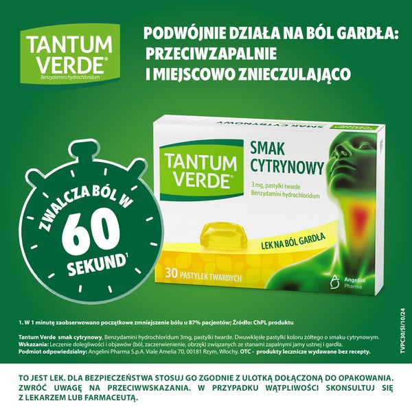 Tantum Verde smak cytrynowy, 3 mg, pastylki twarde, 30 szt.