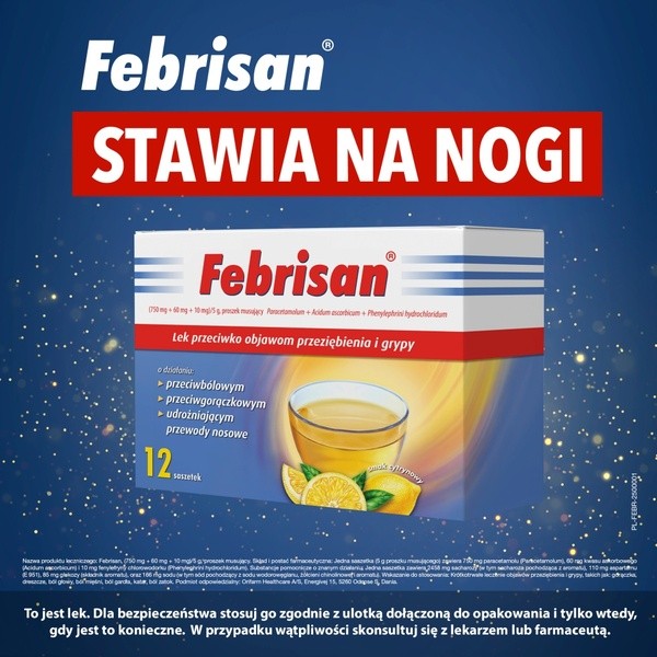 Febrisan, proszek musujący o smaku cytrynowym, 5 g, saszetki, 12 szt.