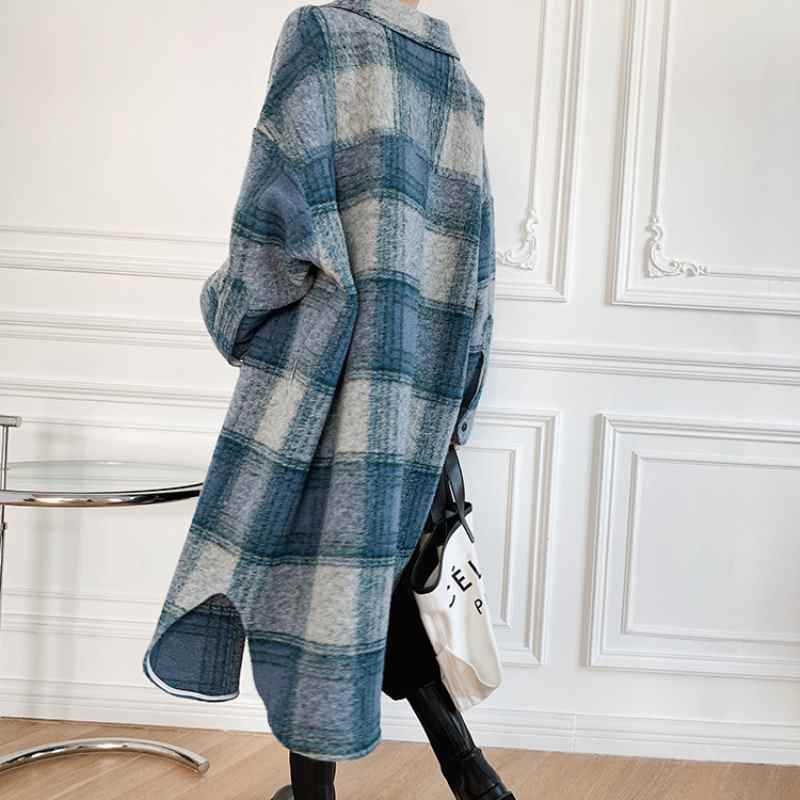Wool Blend Plaid Mid length Jacket Women Loose Turn down Collar Straight Long Sleeve Single Breasted Pockets Autumn Winter Coat