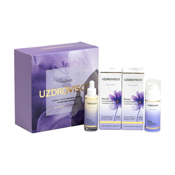 Zestaw Uzdrovisco Balance, krem normalizujący i zwężający pory, 50 ml + serum normalizujące i zwężające pory, 30 ml