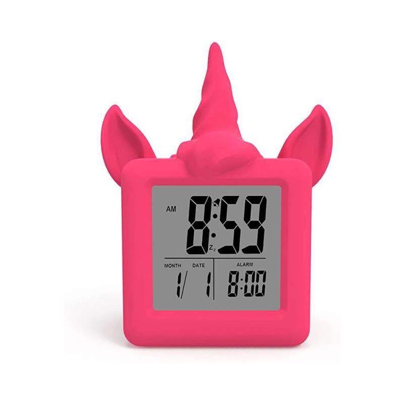 Sveglia digitale a forma di unicorno con pulsante snooze e retroilluminazione LCD rosa.