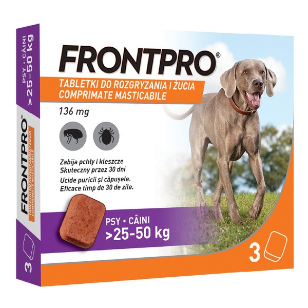 Frontpro XL Pies 25-50 kg, ochrona przed pchłami i kleszczami, tabletki do rozgryzania i żucia, 3 szt.