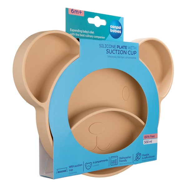 Canpol Babies, silikonowy trójdzielny talerzyk z przyssawką, Miś, beżowy, 1 szt.