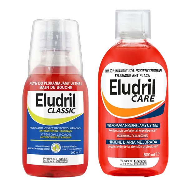 Zestaw Eludril Care, płyn do codziennej higieny jamy ustnej, 500 ml + Eludril Classic, płyn do płukania jamy ustnej, 200 ml