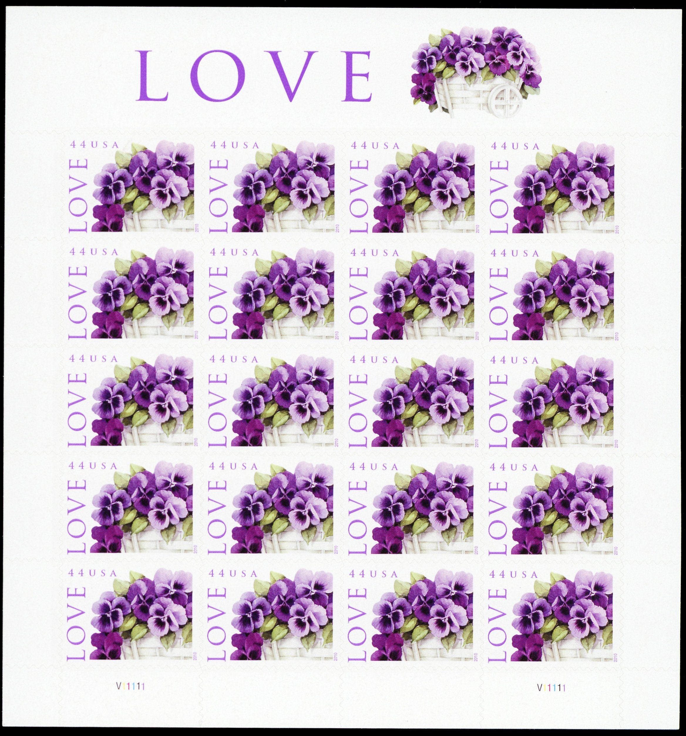 2010 LOVE: Pansies in a Basket Collectible Stamp Sheet of Twenty 44 Cent Stamps