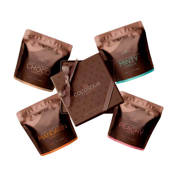 Zestaw Cocosolis, suchy olejek o naturalnym działaniu przeciwstarzeniowym, 110 ml + kawowe peelingi do ciała i twarzy, 4 x 70 g