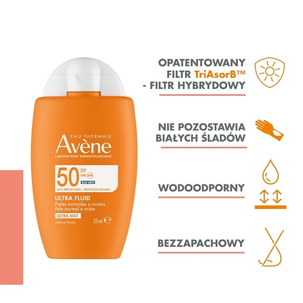 Avene Eau Thermale Ultra Fluid SPF50, wysoka ochrona przeciwsłoneczna niewidoczna na skórze, 50 ml