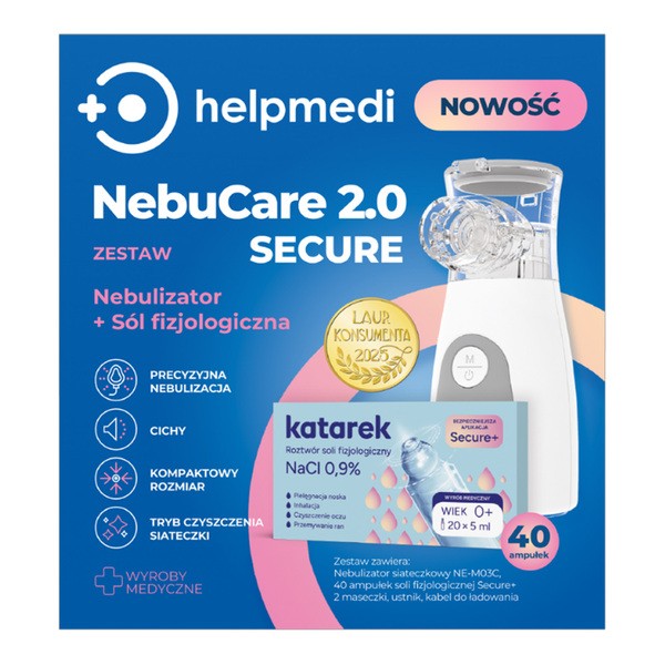 HelpMedi NebuCare 2.0 Secure, zestaw do nebulizacji, nebulizator, 1 szt. + sól fizjologiczna, 40 szt.