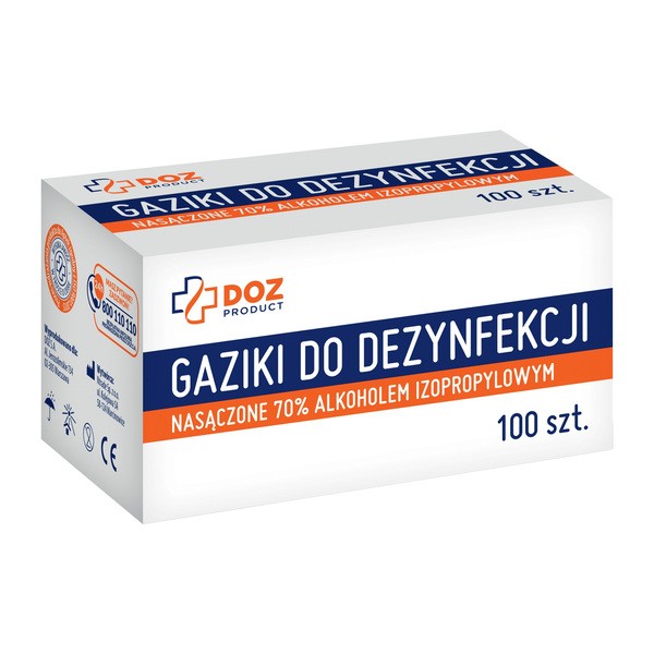DOZ Product gaziki do dezynfekcji nasączone alkoholem izopropylowym, 100 szt.