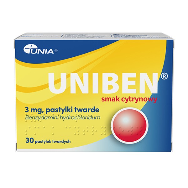 Uniben smak cytrynowy, 3 mg, pastylki twarde, 30 szt.