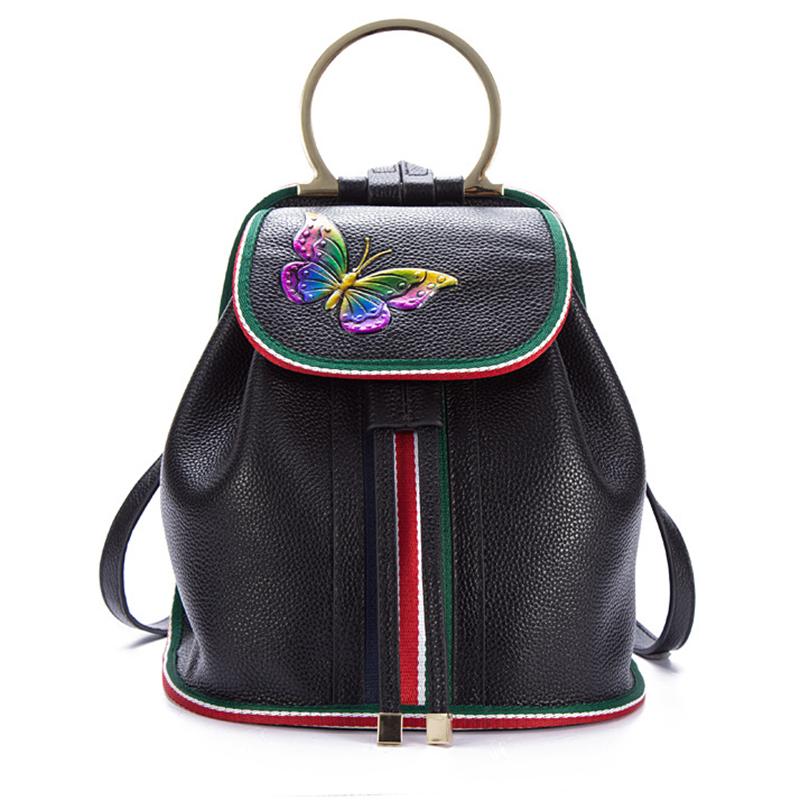 Ryggsekk i ekte preget skinn, reiseveske, dagstursekk, sommerfuglmønster, fritid, kjent merke, retro liten ryggsekk for kvinner