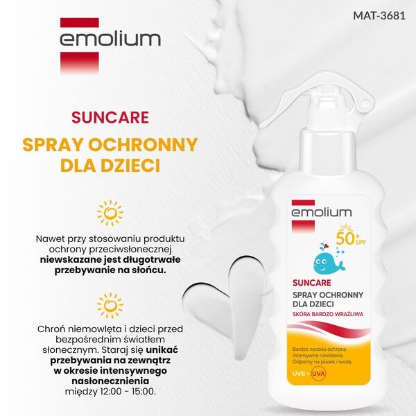 Emolium Suncare, spray ochronny dla dzieci SPF50+, 175 ml