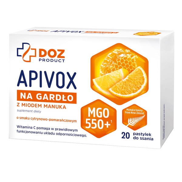 DOZ Product Apivox na gardło z miodem manuka, pastylki do ssania, 20 szt.
