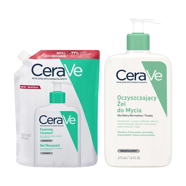 Zestaw CeraVe, oczyszczający żel do mycia dla skóry normalnej i tłustej,  473 ml + opakowanie uzupełniające refill, 473 ml