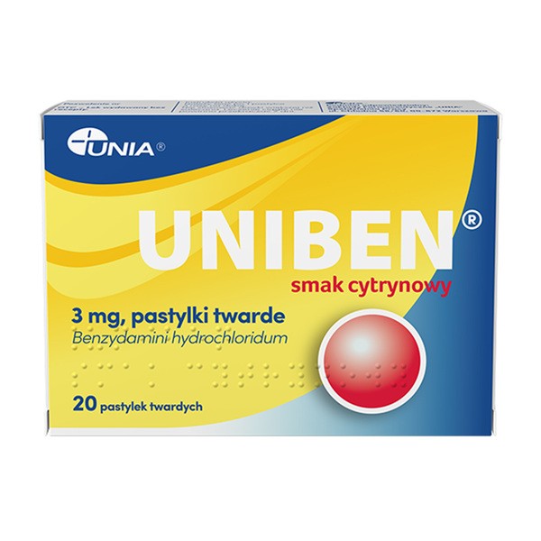 Uniben smak cytrynowy, 3 mg, pastylki twarde, 20 szt.