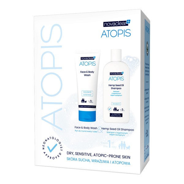 Zestaw Novaclear Atopis, szampon z organicznym olejem konopnym, 250 ml + płyn do mycia twarzy i ciała, 200 ml