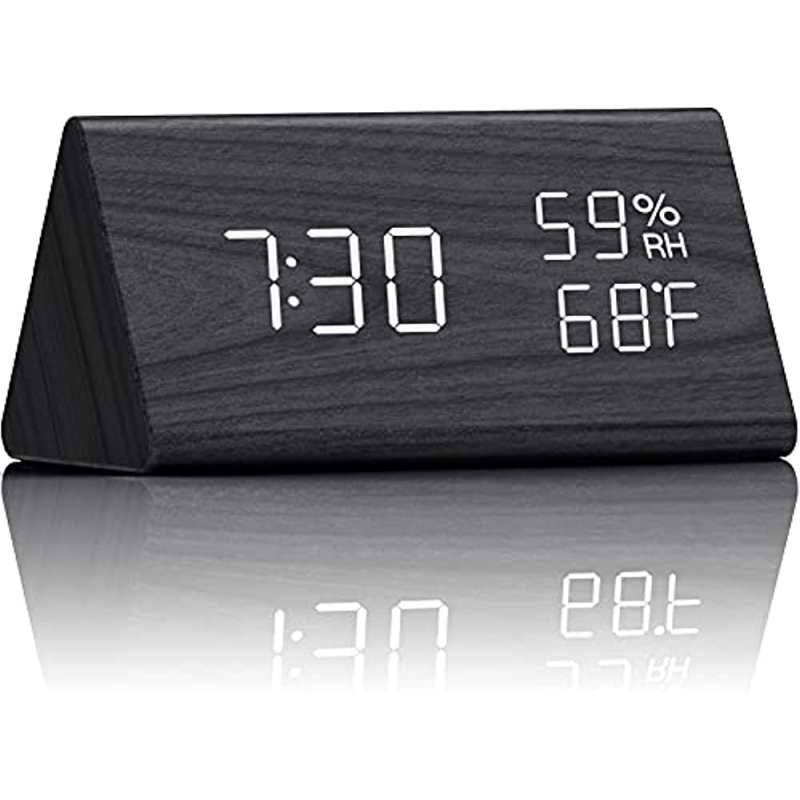Elektronische wekker met LED-tijdweergave, 3 alarmstanden, instelbare helderheid, vochtigheids- en temperatuurdetectie, houten design, geschikt voor slaapkamer, nachtkastje, bureau, kantoor, kinderkamer en gezin, zwart.