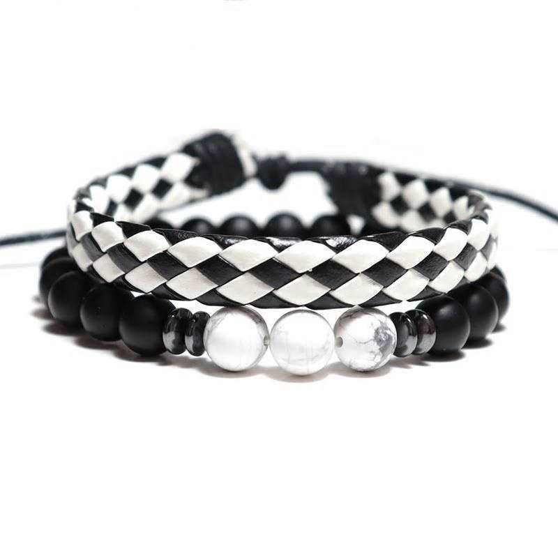 Noter 2 sztuk/zestaw mezczyzni zestaw bransoletek Handmade imitacja skory Brazalete dla Hombre naturalny kamien Braslet koralik meskie dodatki prezent