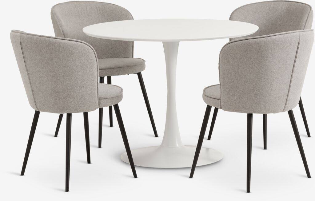 RINGSTED RISSKOV RINGSTED Ø100 hvidt bord 4 RISSKOV stole lysegrå