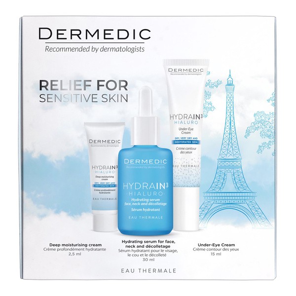 Zestaw Dermedic Hydrain 3, serum nawadniające, 30 ml + krem pod oczy, 15 ml + krem dogłębnie nawilżający na dzień, 2,5 ml