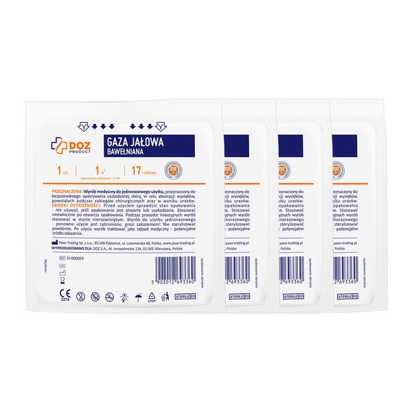 Zestaw 4x DOZ PRODUCT, gaza jałowa, bawełniana, 17-nitkowa, 1 m2