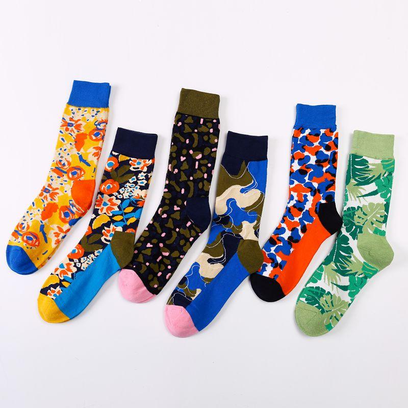 Happy Socks damskie skarpetki artystyczne kwiaty liście ciekawy nadruk kolor miękka bawełna hip hop street odzież osobowość