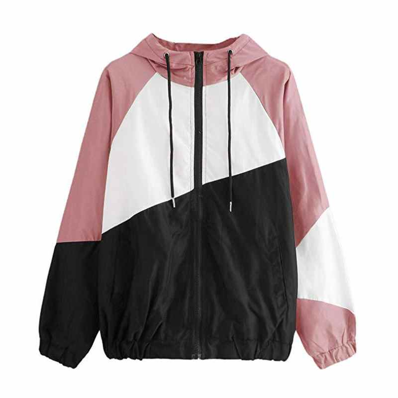 Womens Winter Autumn Long sleeved Hooded Zipper Stitching Contrast Color Windbreaker Coat Basic Jackets For Lady Chaquetas