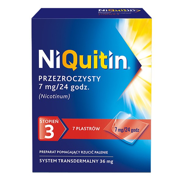 Niquitin przezroczysty, 7 mg/24 h, system transdermalny 36 mg, stopień 3, plastry, 7 szt.