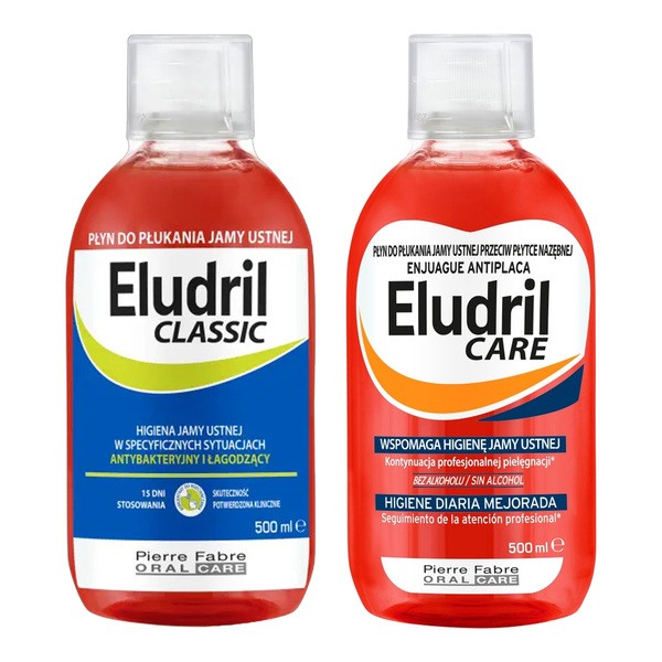 Zestaw Eludril Classic, płyn do płukania jamy ustnej, 500 ml + Eludril Care, płyn do codziennej higieny jamy ustnej, 500 ml